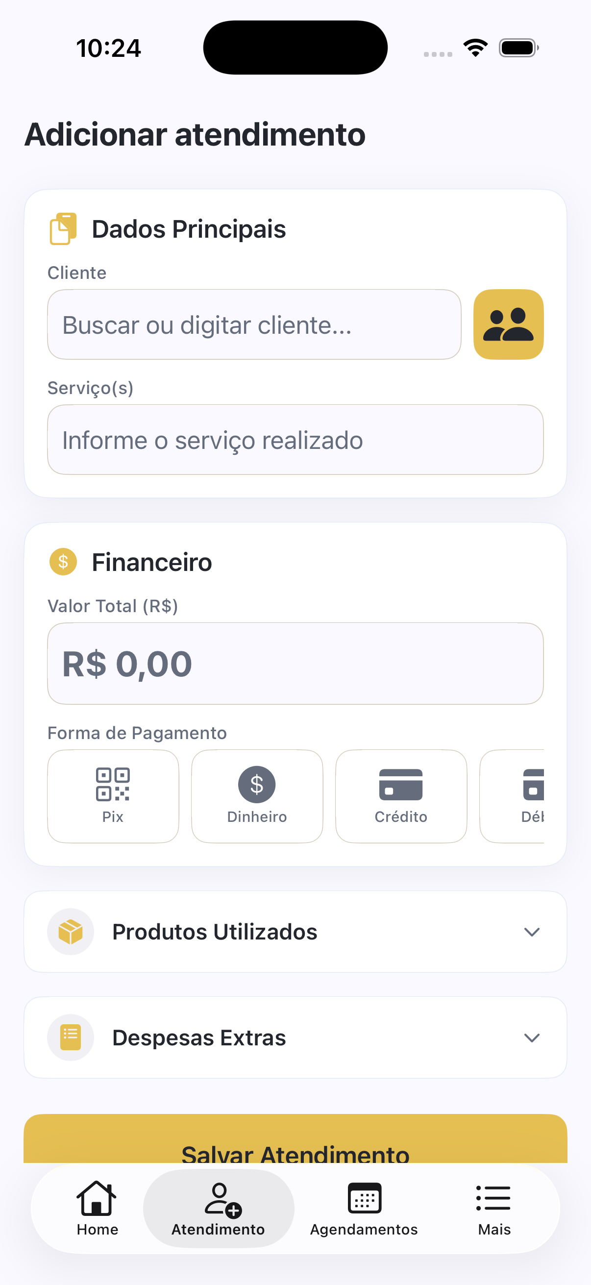 Tela de cadastro de atendimento com cliente, serviço, valor, pagamento, produtos e despesas