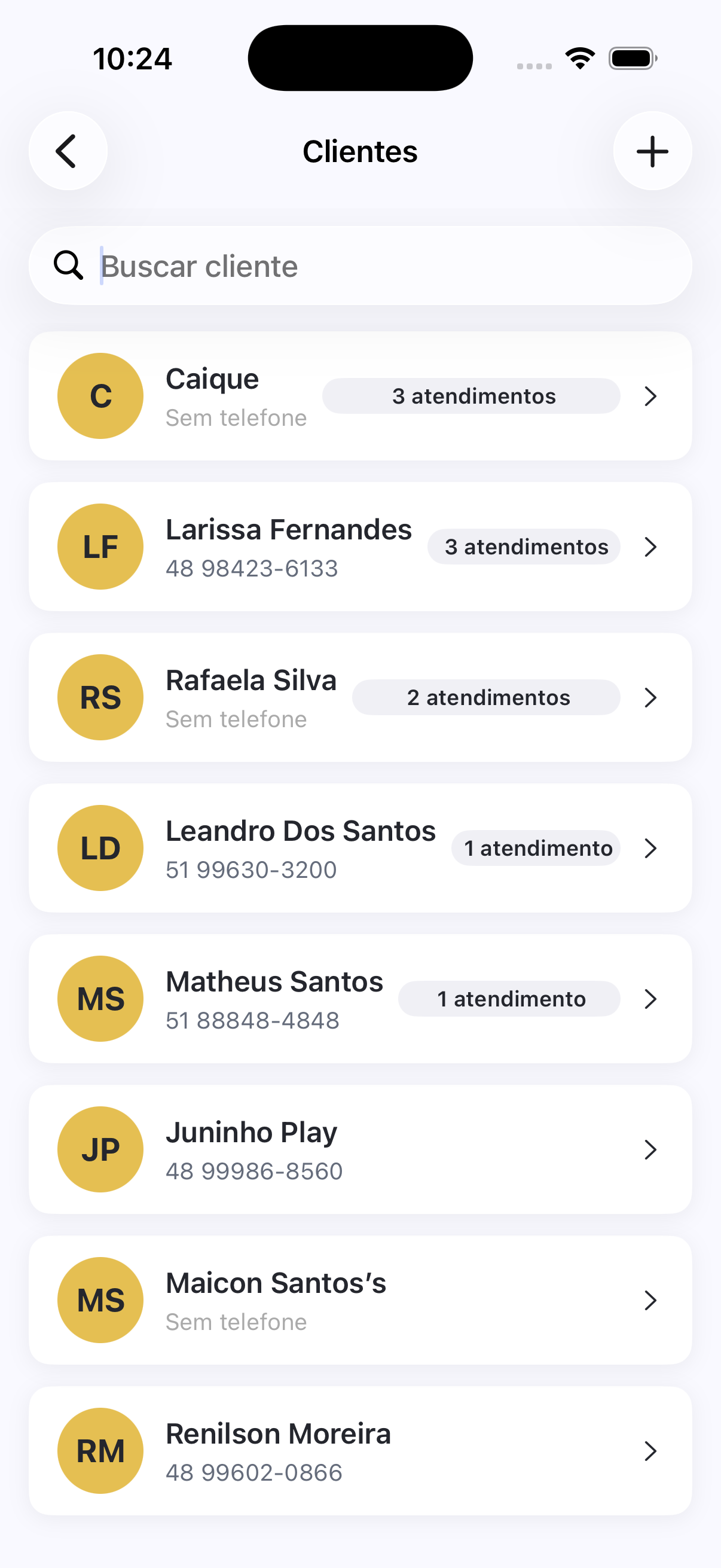 Lista de clientes com busca e histórico de atendimentos