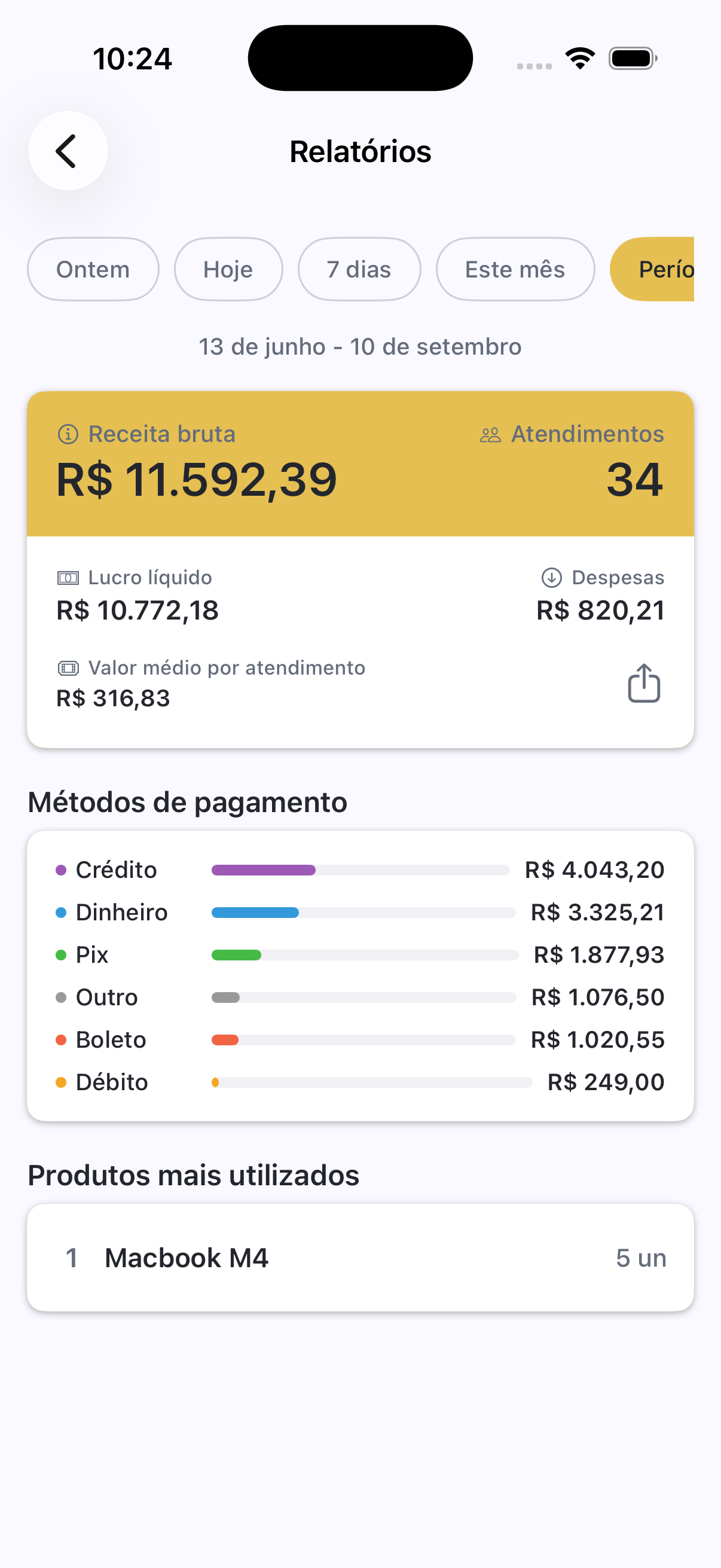 Relatório do Meu Negócio com receita, lucro líquido, despesas e formas de pagamento