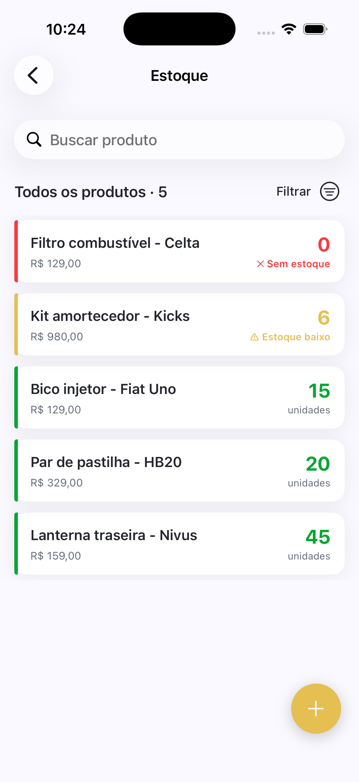 Tela de estoque mostrando produtos sem estoque, com estoque baixo e em quantidade normal